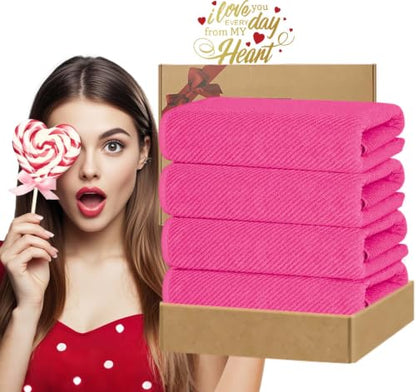 VOOVA & MOVAS Hot Pink Bath Towels 4PC, 100% Cotton, 30x56 in | Quick Dry, Thick, Soft, Absorbent, Luxury Shower Towels With Hanging Loops, Towel Gift Set - color: Hot Pink, size: 4 PC Bath Towel Set