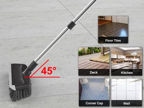 Heavy Duty Floor Scrub Brush with Long Handle, Adjustable Stainless Steel Handle, Stiff Bristles & Rubber Squeegee Scraper, Concrete Floor Scrubber for Cleaning Floor Concrete Deck Hardwood Patio Tile - style: Black+Grey