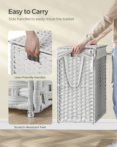 SONGMICS Laundry Hamper with Lid, 23.8 Gallon (90 L) Synthetic Rattan Clothes Laundry Basket with Lid and Handles, Foldable, Removable Liner, Cloud White ULCB51WT - color: Cloud White, size: 90 L
