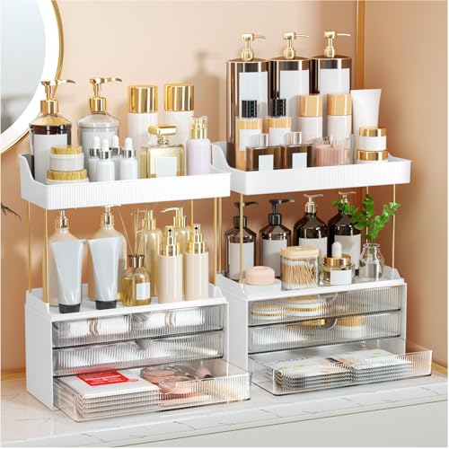 StorBin Arcylic 5-Tier Makeup & Skincare Organizer for Vanity, Bath, 2 Sets | Smooth 3 drawers, clear body, gold frame, non-slip, for perfumes, serums, face masks, palettes, vanity & bath counter,Clear - color: Clear, size: 6 Drawers