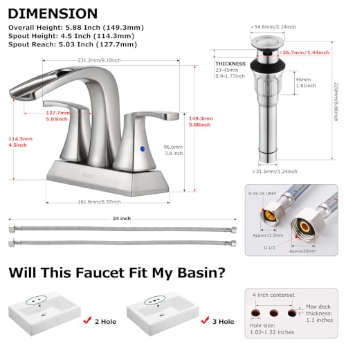 Waterfall Bathroom Sink Faucet 2 Handle Centerset, Brushed Nickel | 4 Inch Lead-Free Deck Mount Vanity Faucet with Pop Up Drain Supply Lines, for 3 Hole Lavatory Utility Sink - color: Brushed Nickel