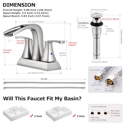 Waterfall Bathroom Sink Faucet 2 Handle Centerset, Brushed Nickel | 4 Inch Lead-Free Deck Mount Vanity Faucet with Pop Up Drain Supply Lines, for 3 Hole Lavatory Utility Sink - color: Brushed Nickel
