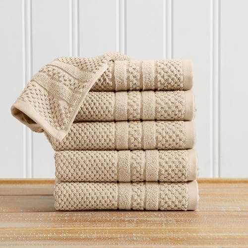 Great Bay Home 100% Cotton 6 Pack Hand Towel Set - Absorbent, Quick-Drying, Checkered Jacquard Bath Towels for Bathroom - Zero-Twist Fibers (Sandstone) - color: Sandstone, size: Hand Towel (Pack of 6)