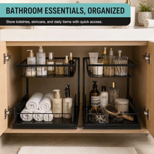 2-Tier Under Sink Organizer, Pull-Out Cabinet Storage Rack, Black, Adjustable Height 13.8 to 16.9 Inches