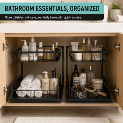 2-Tier Under Sink Organizer, Pull-Out Cabinet Storage Rack, Black, Adjustable Height 13.8 to 16.9 Inches