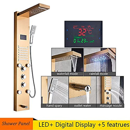 Led Shower Panel Tower System Digital Display Shower Column Stainless Steel Shower Panel System, Shower System with Shower Head, Handheld Shower, Body Jets, Tub Spout,Brushed,Gold - color: Gold