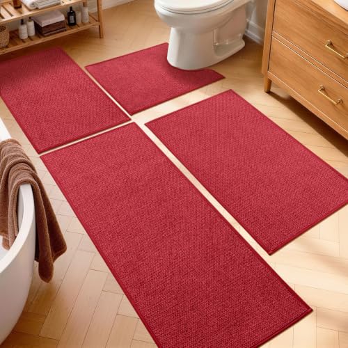 YIHOUSE Red Bathroom Rugs Sets 4 Piece, Quick Dry Thin Bath Mat with Toilet Rug, Non Slip Absorbent Machine Washable, Bath Runner Rugs for Bathtub Sink Home Decor - color: Red, size: 4 pieces