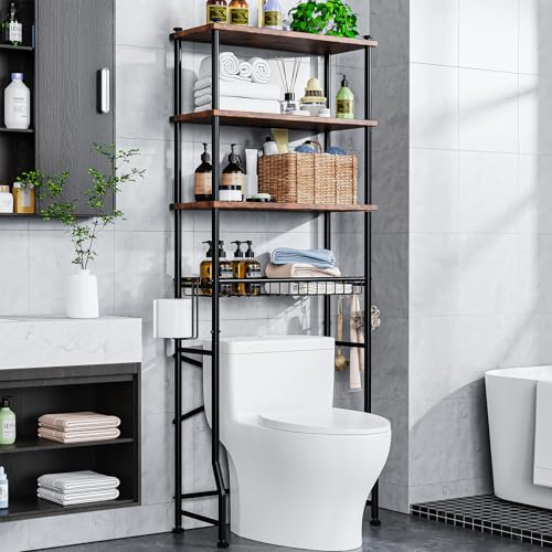Over-The-Toilet Storage Shelf,4-Tier Bathroom Organizer Cabinet Rack And Storage Over Toilet With Shelf Waterproof Feet Pad And Basket,Multifunctional Space Saver Freestanding Bathroom Shelves（Brown） - color: Round Tube - Brown