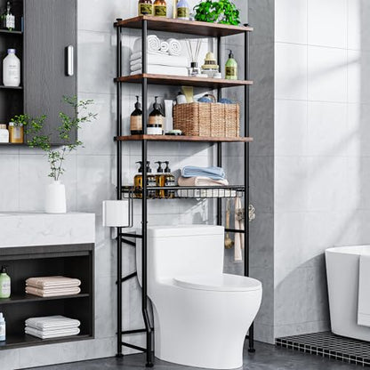 Over-The-Toilet Storage Shelf,4-Tier Bathroom Organizer Cabinet Rack And Storage Over Toilet With Shelf Waterproof Feet Pad And Basket,Multifunctional Space Saver Freestanding Bathroom Shelves（Brown） - color: Round Tube - Brown