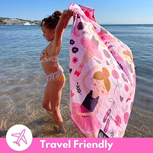 Microfiber Kids Toddler Beach Towel, Quick Dry, Sand Free, 60x30 | Pool towel, ultra-soft, girls and boys, travel pouch, camping travel vacation, toallas playas - color: Ballerina
