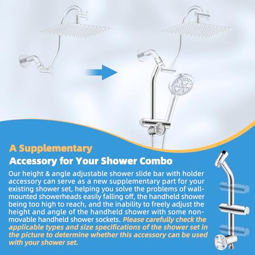 Hibbent All Metal 4 Way Shower Diverter with Showerhead Holder, Chrome | Easy Reach Diverter Valve with Pause Mode, 13.5" Stainless Steel Slide Bar, 4-Setting Replacement for Handheld & Fixed Shower - color: Chrome