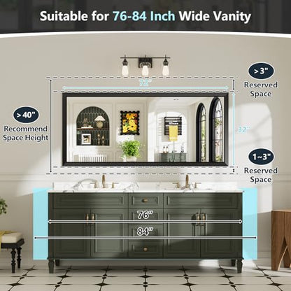 72x32 Inch Black Bathroom Mirror for Wall, Beveled Framed Rectangle Bathroom Vanity Mirrors for Over Sink, Bedroom, Living Room, Entryway, Anti-Rust, HD Tempered Glass, Horizontally/Vertically - size: 72"L x 32"W