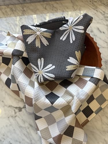 Kitchen Towels, Dish Towels for Kitchen, 2 Pc Kitchen Towel Set | Microfiber Waffle Towels, 16 x 26 inches, with Hanging Loops, Reusable Tea Towels, Cute Kitchen Towels - 2 Pack - color: Multi Checkered Gray Tan