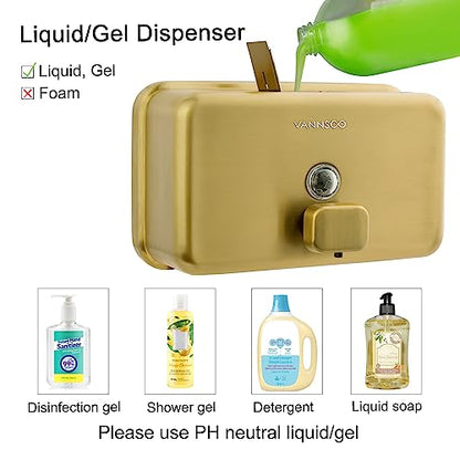 Wall Mounted Commercial Soap Dispenser Bathroom, Horizontal Gold | 1200ml 40oz Stainless Steel Liquid Hand Sanitizer Dispenser - color: Horizontal Gold