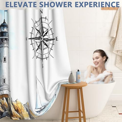 No Hook Waterproof Shower Curtains, Snap-in Shower Curtain Liner with Weighted Hem & Top Window, Nautical Shower Curtain for Bathroom, Hotel and Gym, 71x74 Inches - color: Coastal Lighthouse