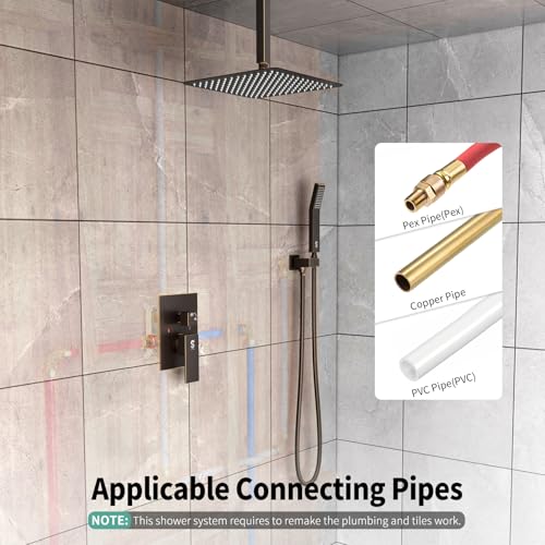 SR SUN RISE 12 Inch Oil Rubbed Bronze Shower System Brass Bathroom Luxury Rain Mixer Shower Combo Set Ceiling Mounted Rainfall Shower Head System Faucet Trim Repair Kits with Rough-In Valve and Trim - color: Oil Rubbed Bronze, style: 12 inch