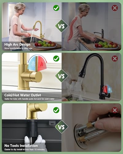 VFAUOSIT Kitchen Faucet with Pull Down Sprayer, Brushed Gold High Arc | Cold-Start Safety, 3 Spray Modes, 360° Swivel, cUPC/CEC Certified, Fingerprint-Resistant Finish, Ceramic Disc Valve - color: Gold
