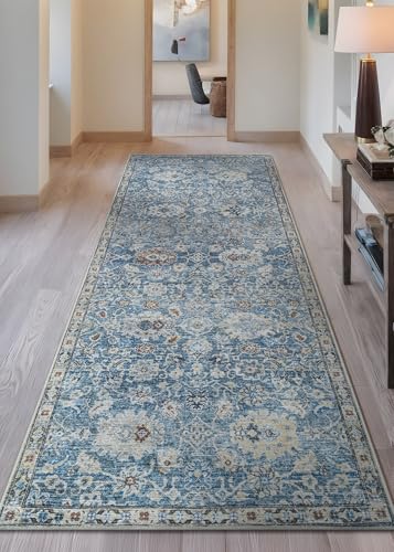 Bloom Rugs Caria Washable Non-Slip 7 ft Runner - Blue/Beige Traditional Runner for Entryway, Hallway, Bathroom, and Kitchen - Exact Size: 2'6" x 7' - color: Blue / Beige, size: 2'6" x 7' (Runner)