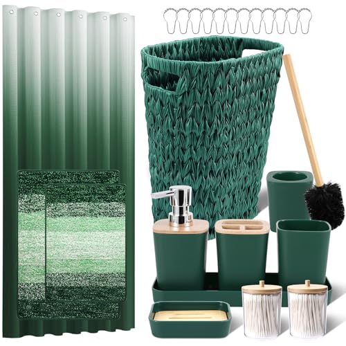 XLHOMO Dark Green Bathroom Accessories Set with Wicker Trash Can Shower Curtain and Rugs,Bathroom Sets Small Waste Basket Bathroom Trash Can for Bedroom Bathroom - size: Wicker Bathroom Set+Shower Curtain+Bath Rugs, style: Dark Green