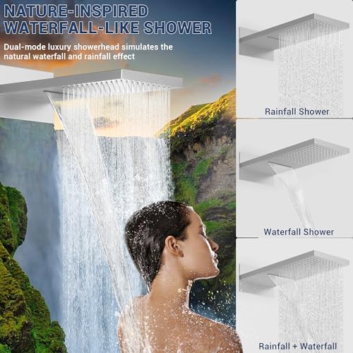 Luxury Thermostatic Rain & Waterfall Shower System with 22” Rain Shower Head & 6 Body Jets, Wall Mounted Shower Faucet Sets with Handheld Sprayer, 3/4” Inlet Thermostatic Valve - color: Brushed Nickel