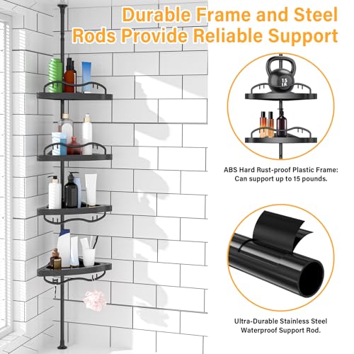 Black Corner Shower Caddy Tension Pole - Heavy Duty Rustproof Stainless Steel Shower Organizer with 4 Adjustable Shelves, No-Drill Free Standing for Bathroom, Bathtub, RV,54" to 114" Tall