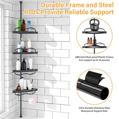 Black Corner Shower Caddy Tension Pole - Heavy Duty Rustproof Stainless Steel Shower Organizer with 4 Adjustable Shelves, No-Drill Free Standing for Bathroom, Bathtub, RV,54" to 114" Tall