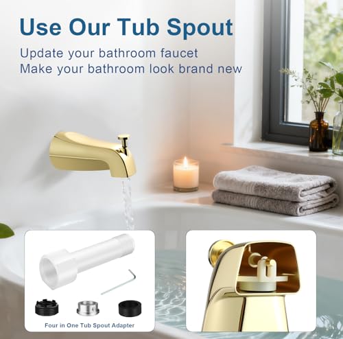 Universal Gold Tub Spout for 1/2" Copper Pipe, 1/2" IPS and 3/4" IPS, Bathtub Faucet with Diverter and Adapter and Hex Wrench (Polished Gold) - color: Polished Gold