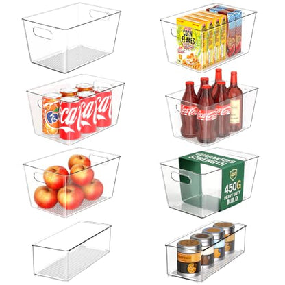 Set of 8 Pantry Organizers and Storage, Clear Plastic Bins(6L+2S) | BPA-free PETG storage containers with handles. Ideal for kitchen, fridge, bathroom, cabinet, office, and garage organization - size: 6 Large & 2 Small