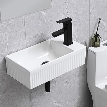 Bathroom Vessel Sink Wall Mount Sink White Wall Mounted Rectangular White Porcelain Ceramic Washing Small Bathroom Vanity Sink with Faucet and Drain - color: White 2
