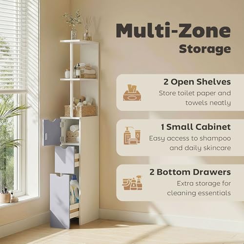 HOMCOM 54" Tall Bathroom Storage Cabinet, Freestanding, 2-Tier Shelf, White | Linen Tower, Drawers, Narrow Side Floor Organizer - color: White