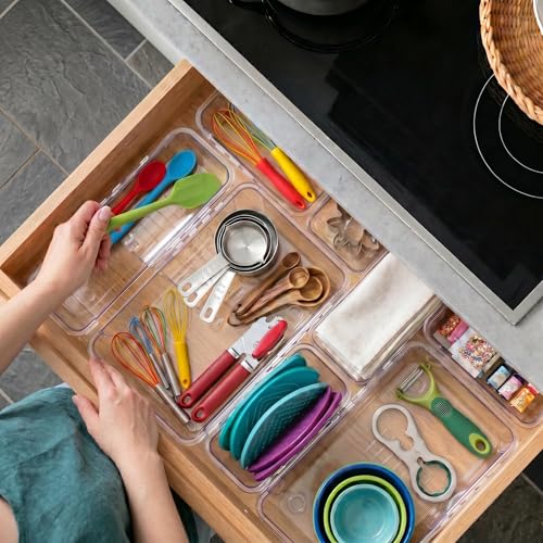 16 Pcs Extendable Clear Drawer Organizer|2-Size Expandable Drawer Dividers | Expanding Plastic Storage Boxes, Arcrylic Storage Bins for Vanity Makeup Drawer Dresser Kitchen Utensils DIY Desk Office - size: 16PCS