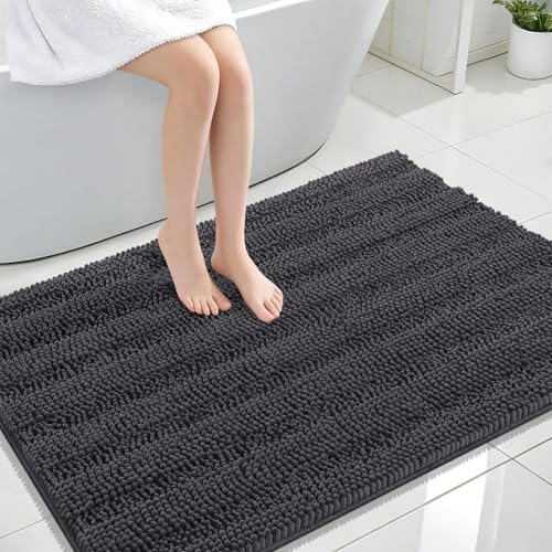 OLANLY Thick Large Bathroom Rugs 44x32, Soft Chenille Bath Rugs, Dark Grey | Absorbent Striped, Rubber Backing, Machine Wash Dry, Bath Mats for Bathroom Floor, Tub and Shower, Home Decor Accessories - color: Dark Grey, size: 44" X 32"