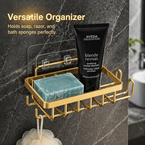 Snailhouse Soap Dish for Shower, Wall Adhesive Self Draining Hanging Stainless Steel Bathroom Bathtub Bar Soap Holder Tray Caddy with Hooks, Gold