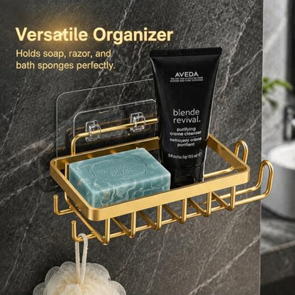 Snailhouse Soap Dish for Shower, Wall Adhesive Self Draining Hanging Stainless Steel Bathroom Bathtub Bar Soap Holder Tray Caddy with Hooks, Gold