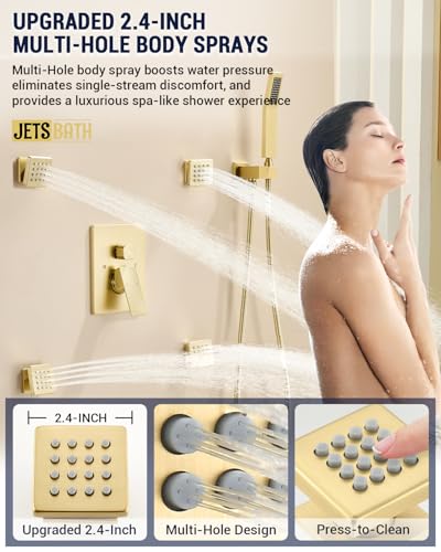 Dual Rainfall Head Shower System with 4 Body Jets, JetsBath Shower Faucet Set Double Shower Head 6-Inch Shower & 12” Rain Shower, Luxury Brushed Gold Shower Faucet Set Tandem Shower Head System - color: Brushed Gold