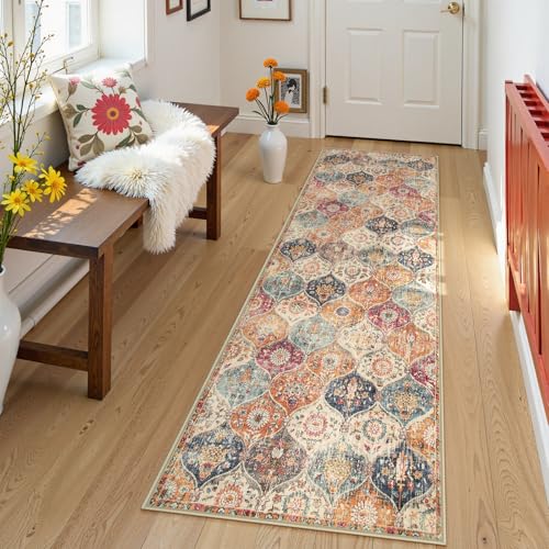 Lahome Moroccan Trellis Washable Runner Rug, 2x6 Kitchen Runners for Hallways 6 Feet Non Slip, Vintage Laundry Room Rug Ultra-Thin Carpet for Bathroom Bedroom Entryway Elise, Cream/Multi - color: Burnt Orange/Teal Multi, size: 2' x 6' (Runner)