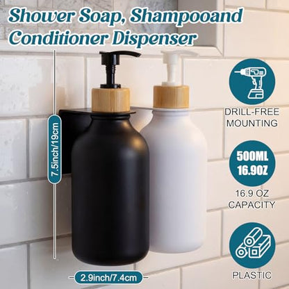 Sawysine Shampoo and Conditioner Dispenser 16.9 oz Plastic Wall Mounted Hand and Dish Soap Shower Soap Dispenser with Pump, Labels and Bottle Hangers Refill Body Wash for Bathroom Kitchen Decor