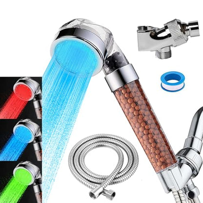 Vacto Temperature Controlled 3-color Changing Shower Head Kit, Water Saving Showerheads with Filtration Beads, LED High Pressure Handheld Shower Head Set with Hose and Bracket - color: Temperature Controlled Shower Head Set