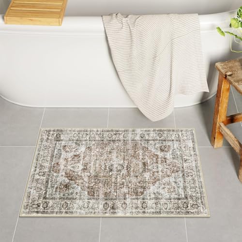 Uphome Boho Bathroom Rugs, Distressed Farmhouse Khaki Bath Mat, Comfy Velvet Small Bath Rugs Non Slip Washable, Vintage Oriental Toilet Rug for Sink Shower Vanity, 18x26 inch - color: Khaki/Red Brown, size: 18 x 26 inch (Rectangular)