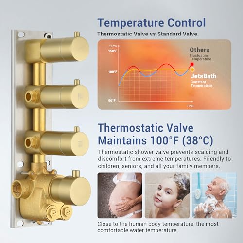 Brushed Gold Thermostatic Shower System with 6 Body Jets & 16-Inch Ceiling Rainfall Shower Head Luxury Full Body Shower Faucet with Handheld Sprayer, Shower Fixtures Set with Valve and Trim - color: Brushed Gold