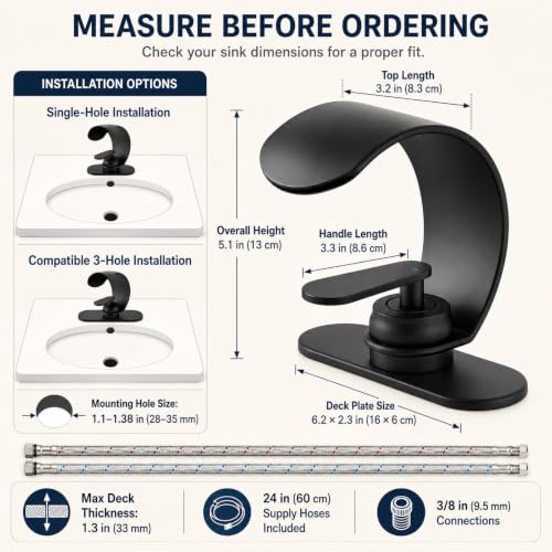 ARSUONTA Matte Black Waterfall Bathroom Sink Faucet, Single Handle, Fits Single-Hole or Compatible 3-Hole Sinks, Easy to Install with Deck Plate, Pop-Up Drain with Overflow and 24-Inch Supply Hoses - color: Black