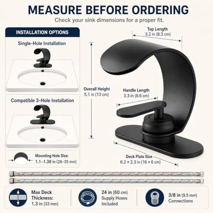 ARSUONTA Matte Black Waterfall Bathroom Sink Faucet, Single Handle, Fits Single-Hole or Compatible 3-Hole Sinks, Easy to Install with Deck Plate, Pop-Up Drain with Overflow and 24-Inch Supply Hoses - color: Black