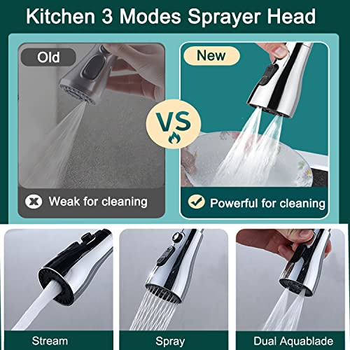 Kitchen Faucet Sink Sprayer Attachment Set,3 Modes Sink Sprayer Replacement Head with Stainless Steel Hose,Faucet Aerator and Brass Diverter Valve (5 pcs Adapter) for Washing Fruit,Dishes and Hair1 - color: With Silver Hose