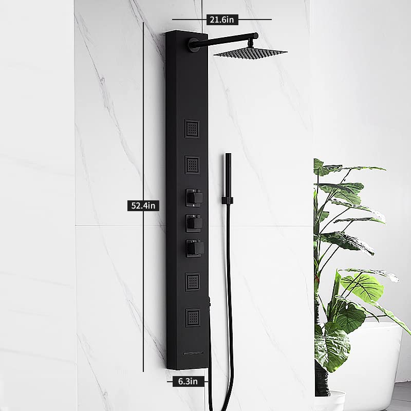 Achelous Square Rainfall Shower Head Panel System with Thermostatic,Stainless Steel High Pressure Turbo Body Jets Waterfall Shower Tower,Brass Handheld Wand in Matte Black - style: Square