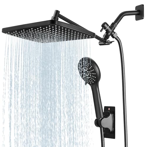 Shower Head with Handheld, High Pressure Black Rain Shower Head | Regaderas Para Shower,11.8" Rectangular,Rainfall Shower Head,Dual Shower Head,Bathroom Decor,Extension Arm,5 Spray Mode - color: A-Matte Black, style: Rectangular 12"