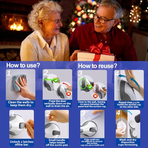 Grab Bars for Shower Seniors Elderly Heavy Duty Safety Grip No Drill (Gray) | Suction Grab Bars for Shower,Removable Handrails,Handicap Bath Grip,Bathroom Safety Grips,No Slipping,2 Pack