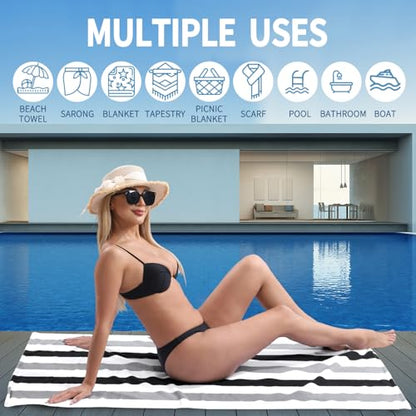 Beach Towel Set-4 Pack 30"x60" Sand Free Stripe Beach Towel for Pool,Bathroom,Soft Absorbent Quick Dry Lightweight Beach Bath Towel,Camping Blanket,Travel Towel,Beach Essentials for Adults,Grey/Black - color: Grey/Black