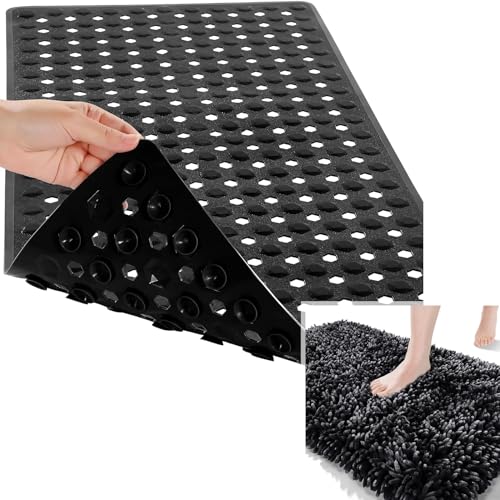 Yimobra Bathtub Shower Mat, Long Non Slip Bath Mats for Tub with Drain Hole and Suction Cups, Soft on Feet, Machine Washable, Easy Dry, 34.5 x 15.5 Inch, Black