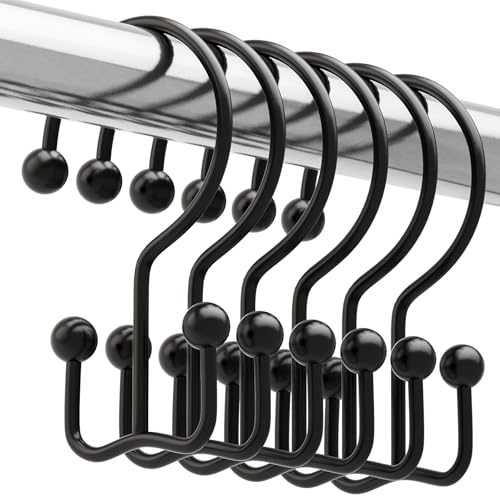 Titanker Shower Curtain Hooks Rings, Rust Resistant Metal Minimalist Simple Double Glide Shower Hooks Rings for Bathroom Shower Rods Curtains, Set of 12 Hooks - Black - color: Black, style: Minimalist