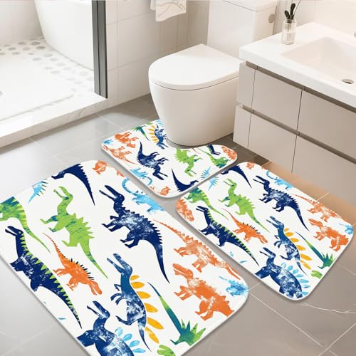 Bathroom Mat Set Colorful Cartoon Jurassic Dinosaur Bathroom Rugs Sets 3 Piece Kids Dino, Memory Foam Bath Rugs, U-Shaped Toilet Rug Non Slip Absorbent Brown - color: Color3